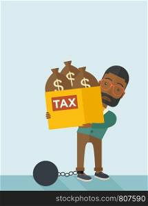 An african businessman locked in a debt ball in chain for commiting crime in tax ivasion. Debt concept. A Contemporary style with pastel palette, soft blue tinted background. Vector flat design illustration. Vertical layout with text space on top part. . African Businessman locked in a debt ball and chain.