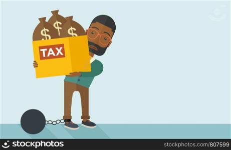 An african businessman locked in a debt ball in chain for commiting crime in tax ivasion. Debt concept. A Contemporary style with pastel palette, soft blue tinted background. Vector flat design illustration. Horizontal layout with text space in right side. . African Businessman locked in a debt ball and chain.