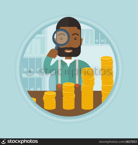 An african businessman looking through magnifier at coins - business profit. Businessman satisfied by growth of business profit. Vector flat design illustration in the circle isolated on background.. Man looking through magnifier at golden coins.