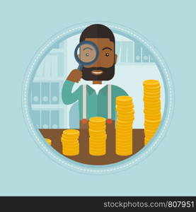 An african businessman looking through magnifier at coins - business profit. Businessman satisfied by growth of business profit. Vector flat design illustration in the circle isolated on background.. Man looking through magnifier at golden coins.