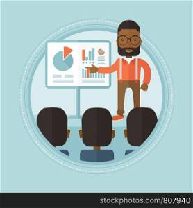 An african businessman pointing at charts on a board during business seminar. Business people taking part in business seminar. Vector flat design illustration in the circle isolated on background.. Businessman at business seminar.