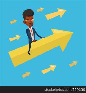 An african businessman sitting on arrow going to success. Successful businessman flying up on arrow. Concept of moving forward for business success. Vector flat design illustration. Square layout.. Happy business woman flying to success.