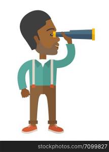 An african businessman standing using binocular to look for something. Business concept. A Contemporary style. Vector flat design illustration with isolated white background. Vertical layout.. Afircan businessman with binocular.