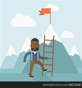 An african businessman standing while holding the career ladder getting the red flag a step to reach his goal to be a successful businessman. Leadership concept. A contemporary style with pastel palette soft blue tinted background with desaturated clouds. Vector flat design illustration. Square layout. . African man holding a ladder, step for success.