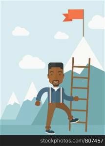 An african businessman standing while holding the career ladder getting the red flag a step to reach his goal to be a successful businessman. Leadership concept. A contemporary style with pastel palette soft blue tinted background with desaturated clouds. Vector flat design illustration. Vertical layout.. African man holding a ladder, step for success.