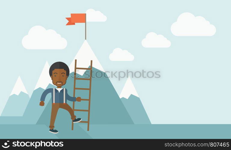 An african businessman standing while holding the career ladder getting the red flag a step to reach his goal to be a successful businessman. Leadership concept. A contemporary style with pastel palette soft blue tinted background with desaturated clouds. Vector flat design illustration. Horizontal layout.. African man holding a ladder, step for success.