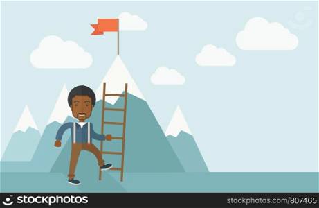 An african businessman standing while holding the career ladder getting the red flag a step to reach his goal to be a successful businessman. Leadership concept. A contemporary style with pastel palette soft blue tinted background with desaturated clouds. Vector flat design illustration. Horizontal layout.. African man holding a ladder, step for success.