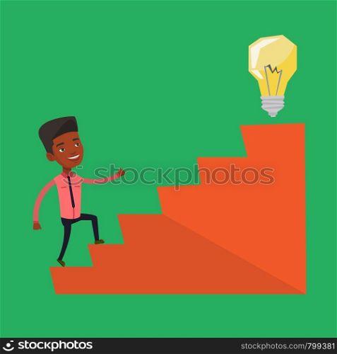 An african businessman walking upstairs to the idea light bulb. Businessman running on the stairs to get idea bulb on the top. Business idea concept. Vector flat design illustration. Square layout.. Businessman walking upstairs to the idea bulb.