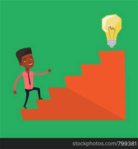 An african businessman walking upstairs to the idea light bulb. Businessman running on the stairs to get idea bulb on the top. Business idea concept. Vector flat design illustration. Square layout.. Businessman walking upstairs to the idea bulb.