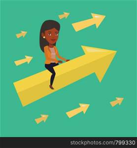 An african businesswoman sitting on arrow going to success. Successful businesswoman flying up on arrow. Concept of moving forward for business success. Vector flat design illustration. Square layout.. Happy business woman flying to success.