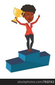 An african businesswoman with business award standing on a pedestal. Businesswoman celebrating her business award. Business award concept. Vector flat design illustration isolated on white background.. Businesswoman proud of his business award.
