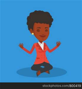 An african businesswoman with eyes closed meditating in yoga lotus position. Businesswoman relaxing in the yoga lotus position. Businesswoman doing yoga. Vector flat design illustration. Square layout. Business woman meditating in lotus position.