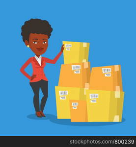 An african businesswoman working in warehouse. Businesswoman checking boxes in warehouse. Young business woman preparing goods for dispatch in warehouse. Vector flat design illustration. Square layout. Business woman checking boxes in warehouse.