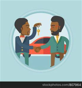 An african car salesman giving car key to a new owner on the background of car shop. Man buying car and shaking hand to a salesman. Vector flat design illustration in the circle isolated on background. Car salesman giving key to new owner.