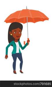 An african cheerful insurance agent. Insurance agent standing safely under umbrella. Business insurance and business protection concept. Vector flat design illustration isolated on white background.. Business woman insurance agent with umbrella.