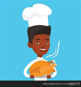 An african chief cook in uniform and cap holding roasted chicken. Chief cook with whole baked chicken. Chief cook holding plate with just fried chicken. Vector flat design illustration. Square layout.. Chief cook holding roasted chicken.