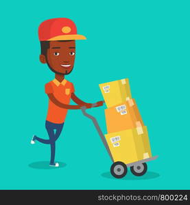 An african delivery postman with cardboard boxes on trolley. Delivery postman pushing trolley with cardboard boxes. Delivery postman delivering parcels. Vector flat design illustration. Square layout.. Delivery postman with cardboard boxes on trolley.