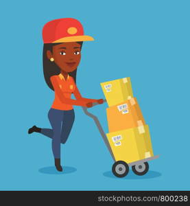 An african delivery postman with cardboard boxes on trolley. Delivery postman pushing trolley with cardboard boxes. Delivery postman delivering parcels. Vector flat design illustration. Square layout.. Delivery postman with cardboard boxes on trolley.