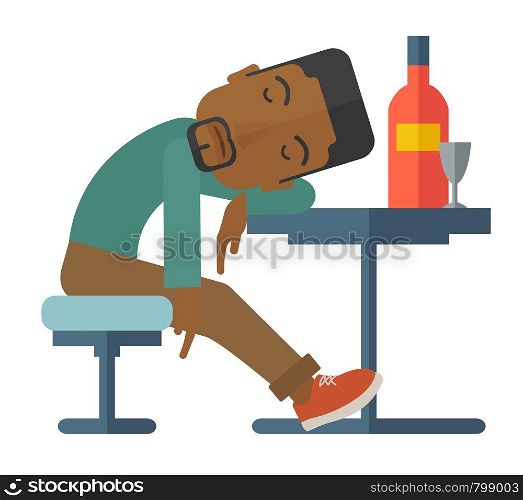 An african drunk man sitting fall asleep on the table with a bottle of beer inside the pub. Over drink concept. A Contemporary style. Vector flat design illustration isolated white background. Square layout. African Drunk man fall asleep in the pub.