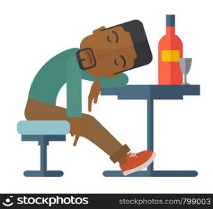 An african drunk man sitting fall asleep on the table with a bottle of beer inside the pub. Over drink concept. A Contemporary style. Vector flat design illustration isolated white background. Square layout. African Drunk man fall asleep in the pub.