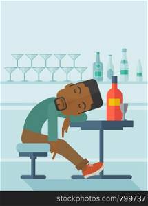An african drunk man sitting fall asleep on the table with a bottle of beer inside the pub. Over drink concept. A contemporary style with pastel palette soft blue tinted background. Vector flat design illustration. Vertical layout with text space on top part.. African Drunk man fall asleep in the pub.