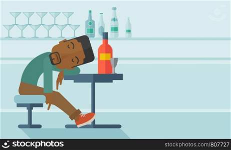 An african drunk man sitting fall asleep on the table with a bottle of beer inside the pub. Over drink concept. A contemporary style with pastel palette soft blue tinted background. Vector flat design illustration. Horizontal, layout with text space in right side.. African Drunk man fall asleep in the pub.