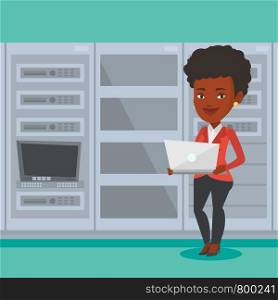 An african engineer with laptop working in network server room. Engineer standing in network server room. Network engineer using laptop in server room. Vector flat design illustration. Square layout.. Engineer working on laptop in network server room.