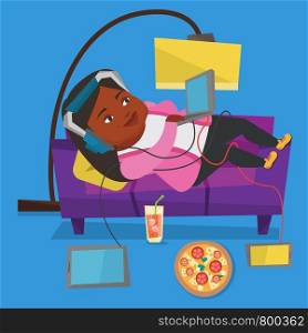 An african fat woman relaxing on a sofa with many gadgets. Woman lying on a sofa surrounded by gadgets and fast food. Plump woman using gadgets at home. Vector flat design illustration. Square layout.. Woman lying on sofa with many gadgets.