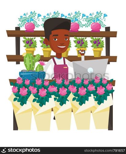 An african florist standing behind the counter at flower shop. Florist using phone and laptop to take order. Man working in flower shop. Vector flat design illustration isolated on white background.. Florist at flower shop vector illustration.