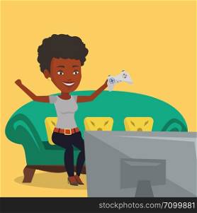 An african girl playing video game. Excited young woman with console in hands playing video game at home. Woman celebrating her victory in video game. Vector flat design illustration. Square layout.. Woman playing video game vector illustration.