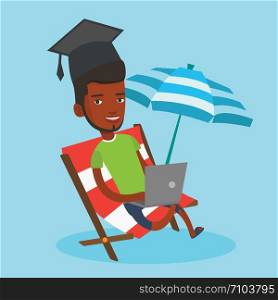 An african graduate lying in chaise longue. Graduate in graduation cap working on laptop. Graduate studying on a beach. Concept of online education. Vector flat design illustration. Square layout.. Graduate lying in chaise lounge with laptop.