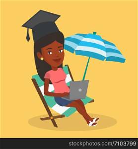 An african graduate lying in chaise longue. Graduate in graduation cap working on laptop. Graduate studying on a beach. Concept of online education. Vector flat design illustration. Square layout.. Graduate lying in chaise lounge with laptop.