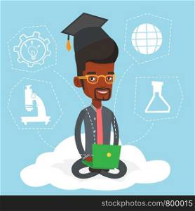 An african graduate sitting on cloud with laptop. Graduate using cloud computing technologies. Concept of educational technology and cloud computing. Vector flat design illustration. Square layout.. Graduate sitting on cloud vector illustration.