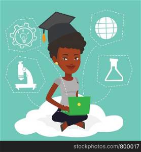 An african graduate sitting on cloud with laptop. Graduate using cloud computing technologies. Concept of educational technology and cloud computing. Vector flat design illustration. Square layout.. Graduate sitting on cloud vector illustration.