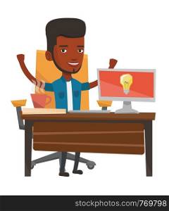 An african happy man having a business idea. Young businessman working on laptop on a new business idea. Successful business idea concept. Vector flat design illustration isolated on white background.. Successful business idea vector illustration.