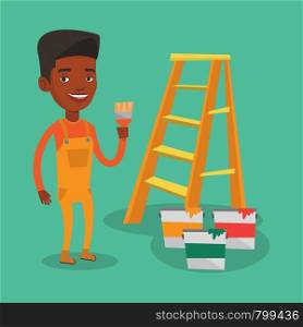 An african house painter holding a paintbrush. House painter with paintbrush in hand standing near step-ladder and paint cans. House renovation concept. Vector flat design illustration. Square layout.. Painter with paint brush vector illustration.