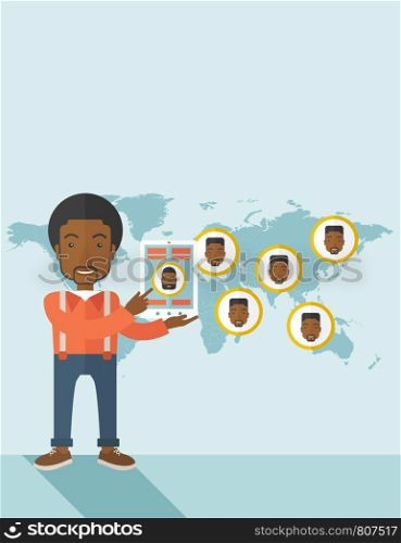 An african identification, face in world map in every destinations. A contemporary style with pastel palette soft blue tinted background. Vector flat design illustration. Vertical layout with text sapce on top part. World map with same faces every destination.