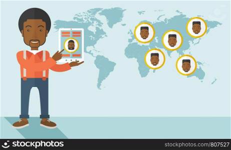 An african identification, face in world map in every destinations. A contemporary style with pastel palette soft blue tinted background. Vector flat design illustration. Horizaontal layout.. World map with same faces every destination.