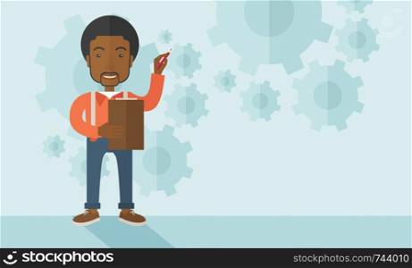 An african lecturer preparing his report on statiscal diagram with his pen and notebook. A contemporary style with pastel palette soft blue tinted background. Vector flat design illustration. Horizontal layout.. African lecturer with gears background