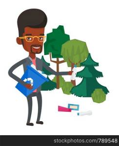 An african man collecting garbage in recycle bin. Man with recycling bin in hand picking up used plastic bottles. Waste recycling concept. Vector flat design illustration isolated on white background.. Man collecting garbage in forest.