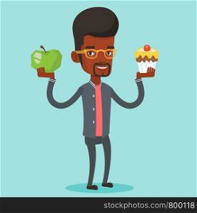 An african man holding apple and cupcake in hands. Man choosing between apple and cupcake. Concept of choice between healthy and unhealthy nutrition. Vector flat design illustration. Square layout. Man choosing between apple and cupcake.