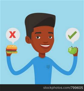 An african man holding apple and hamburger in hands. Man choosing between apple and hamburger. Man choosing between healthy and unhealthy nutrition. Vector flat design illustration. Square layout.. Man choosing between hamburger and cupcake.