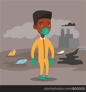 An african man in gas mask and radiation protective suit standing on the background of nuclear power plant. Scientist wearing radiation protection suit. Vector flat design illustration. Square layout.. Man in radiation protective suit.
