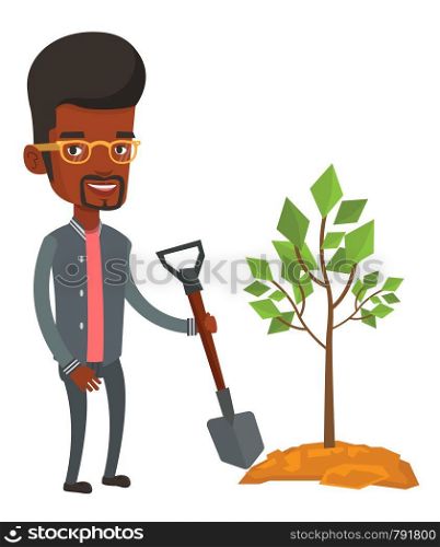 An african man plants a tree. Man standing with shovel near newly planted tree. Young man gardening. Environmental protection concept. Vector flat design illustration isolated on white background.. Man plants tree vector illustration.
