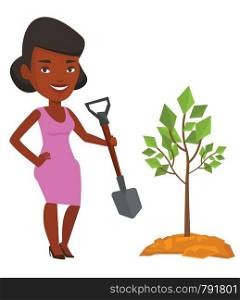 An african man plants a tree. Man standing with shovel near newly planted tree. Young man gardening. Environmental protection concept. Vector flat design illustration isolated on white background.. Woman plants tree vector illustration.