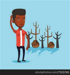 An african man scratching head on the background of dead forest. Dead forest caused by global warming or wildfire. Concept of environmental destruction. Vector flat design illustration. Square layout.. Forest destroyed by fire or global warming.