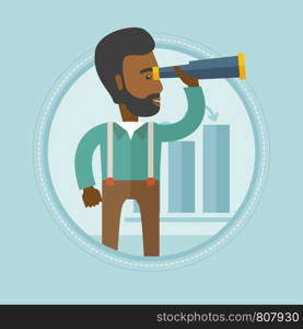 An african man searching opportunities for business growth. Business growth concept. Man with spyglass looking for business growth. Vector flat design illustration in the circle isolated on background. Man searching opportunities for business growth.