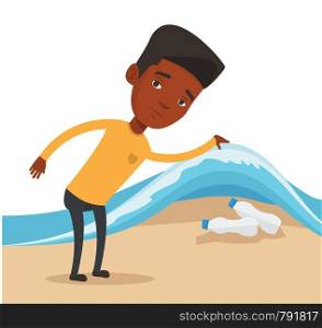 An african man showing plastic bottles under water of sea. Man collecting plastic bottles from water. Water and plastic pollution concept. Vector flat design illustration isolated on white background.. Man showing plastic bottles under sea wave.