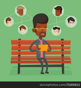 An african man sitting on bench and using tablet computer with network avatar icons above. Man surfing in the social network. Social network concept. Vector flat design illustration. Square layout. Man surfing in the social network.