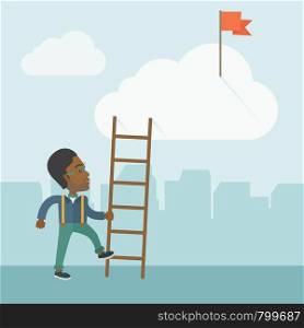 An african man standing while holding the career ladder to get the red flag in the cloud. Career, success concept. A contemporary style with pastel palette soft blue tinted background with desaturated clouds. Vector flat design illustration. Square layout.. African man with career ladder.